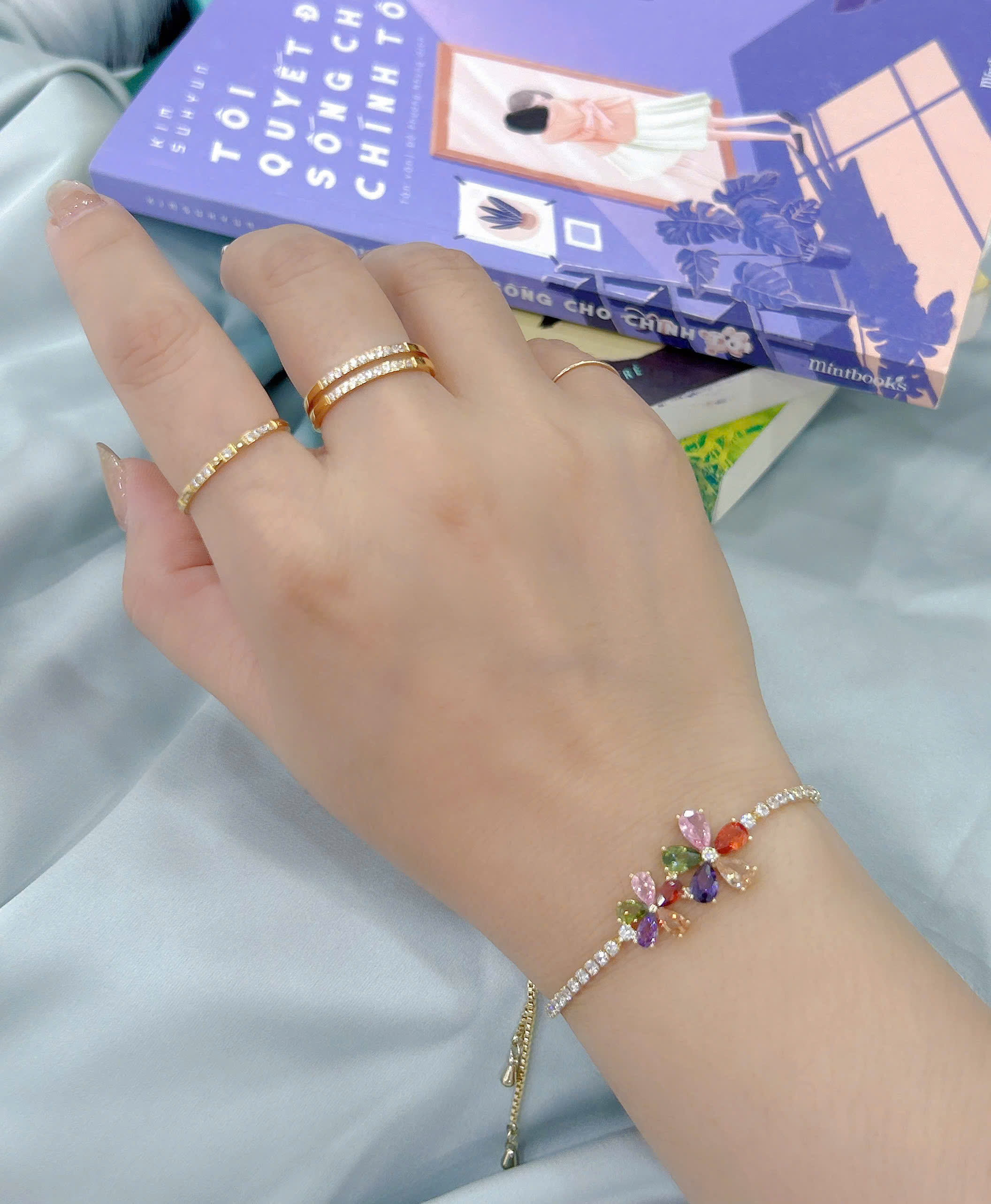 Lắc tay Bạc - TM021 - Hoa 5 cánh đính đá đa sắc