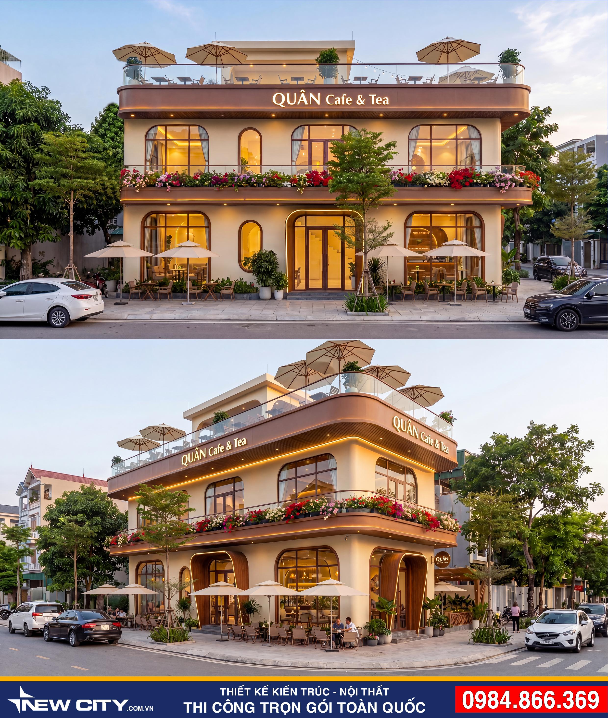 MẪU QUÁN CAFE 3 TẦNG CĂN GÓC 2 MẶT TIỀN