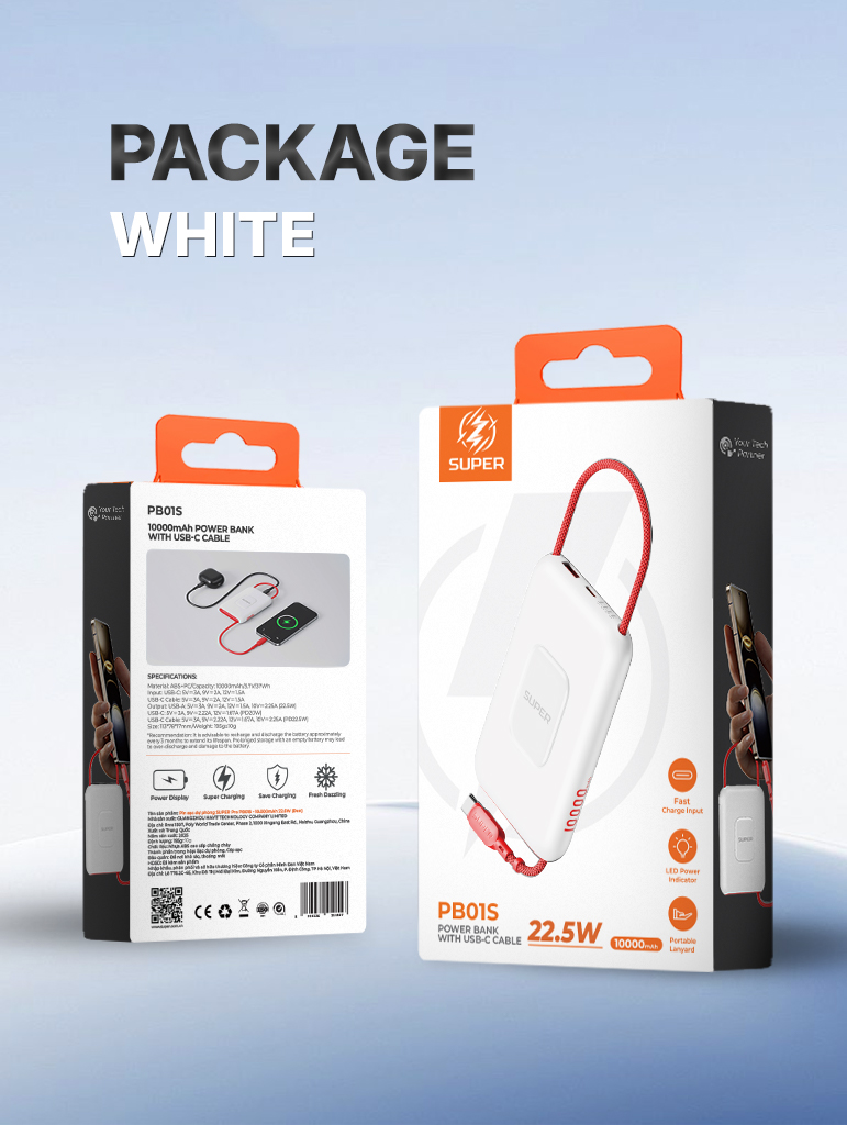 Pin sạc dự phòng SUPER Pro PB01S - 10.000mAh 22.5W (Trắng)