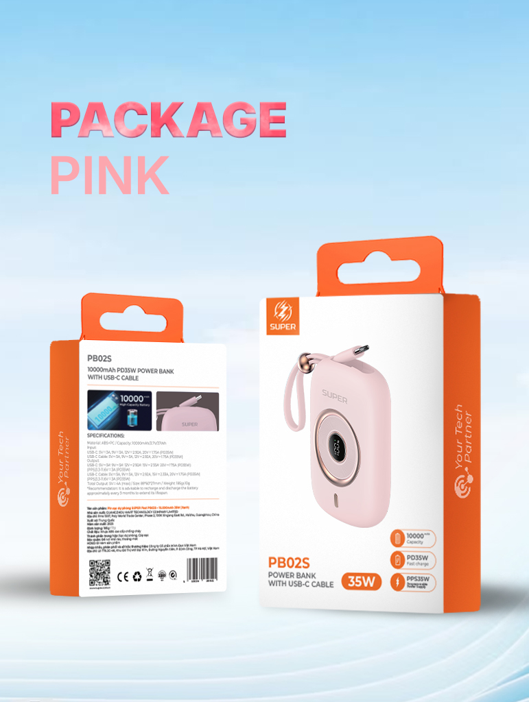 Pin sạc dự phòng  SUPER Fast PB02S – 10.000mAh 35W (Hồng)