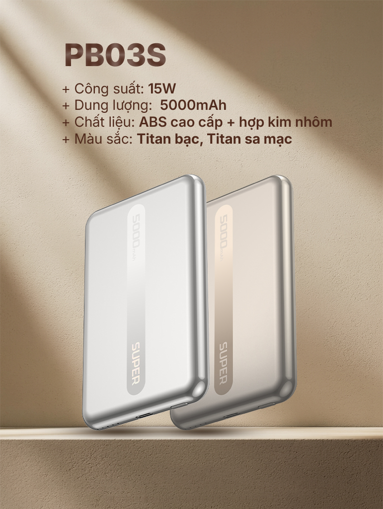 Pin sạc dự phòng SUPER Wireless PB03S – 5000mAh (Titan sa mạc)
