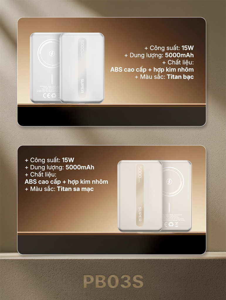 Pin sạc dự phòng SUPER Wireless PB03S – 5000mAh (Titan bạc)