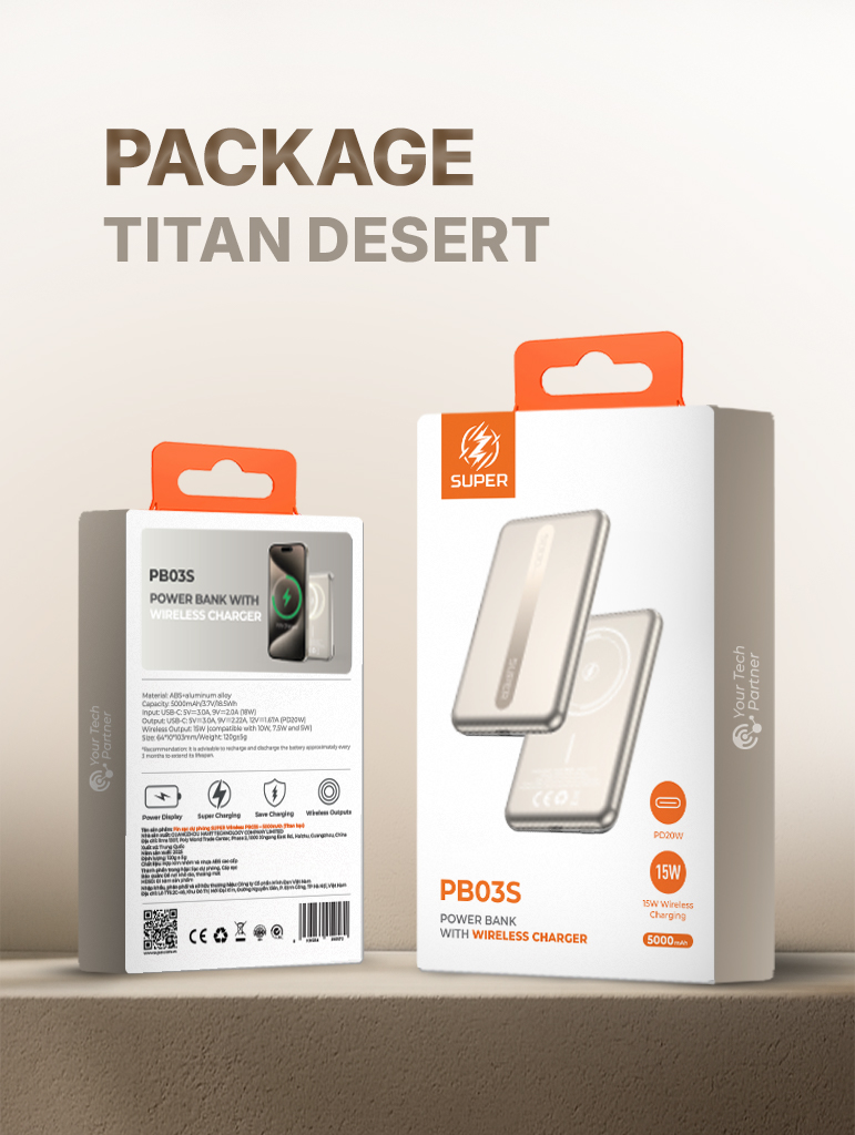 Pin sạc dự phòng SUPER Wireless PB03S – 5000mAh (Titan sa mạc)
