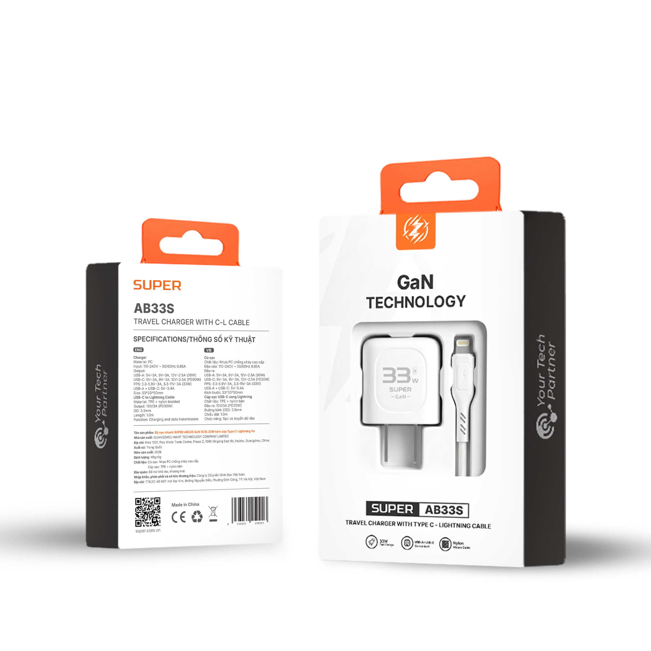 Bộ sạc nhanh SUPER AB33S GaN 1C1A  33W  kèm cáp Type C-Lightning 1m