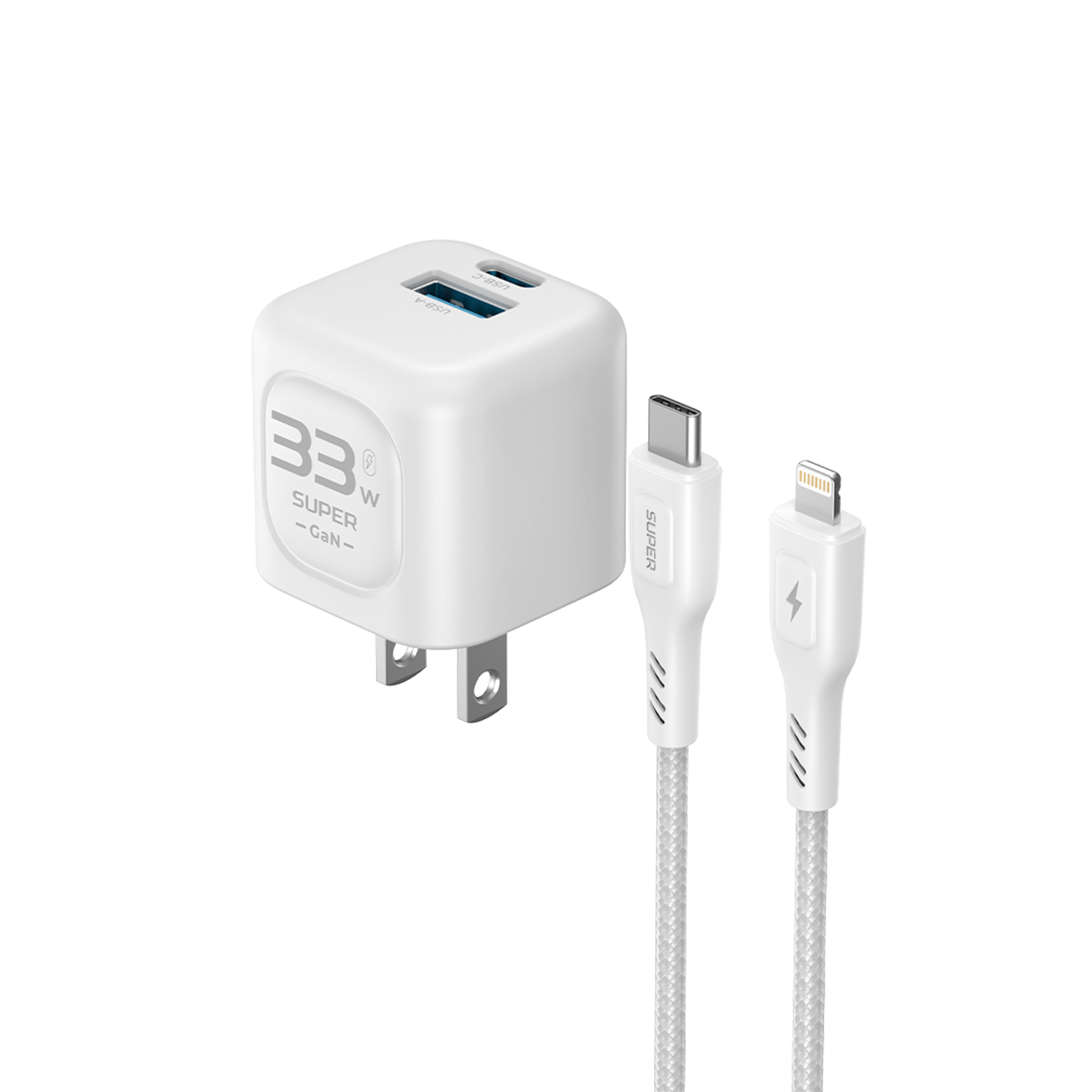 Bộ sạc nhanh SUPER AB33S GaN 1C1A  33W  kèm cáp Type C-Lightning 1m