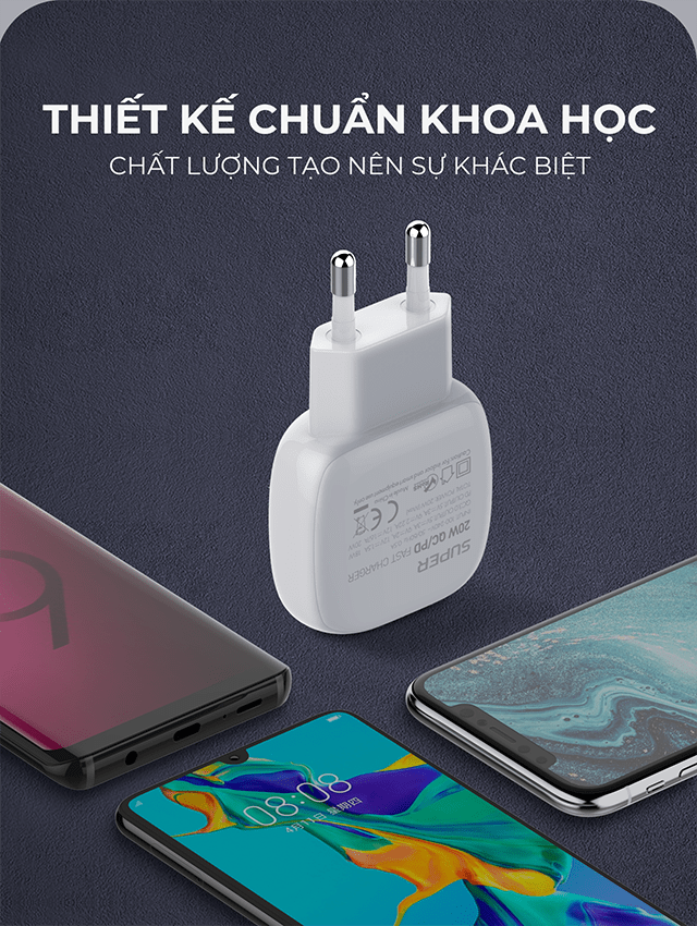 Bộ sạc nhanh SUPER A2313C 2 cổng PD+QC3.0 20W kèm cáp Type C-Type C 1m