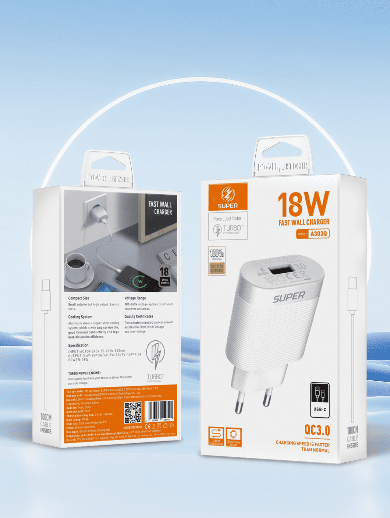 Bộ sạc nhanh SUPER A303Q QC3.0 18W kèm cáp USB-Type C 1m