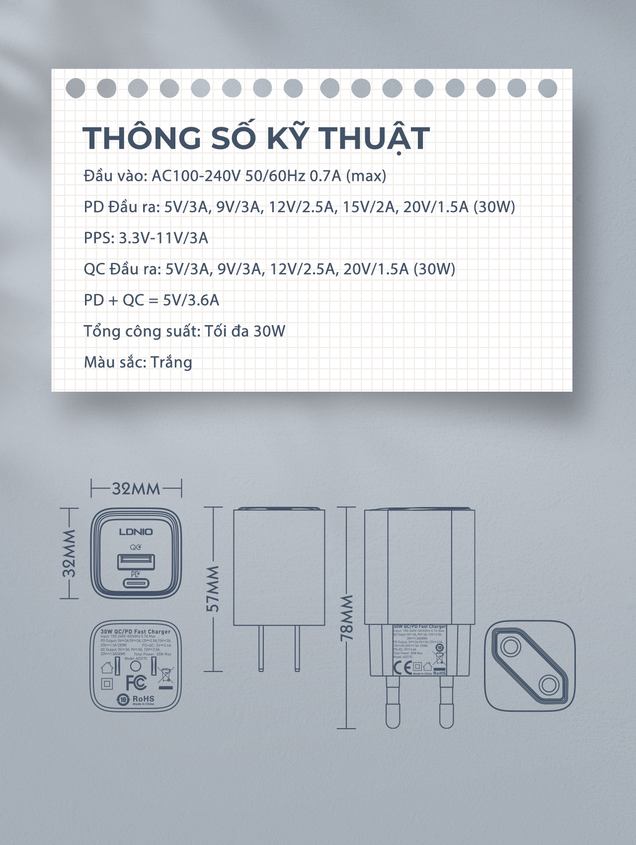 Củ sạc nhanh SUPER A2317C 2 Cổng PD VÀ QC3.0 30W