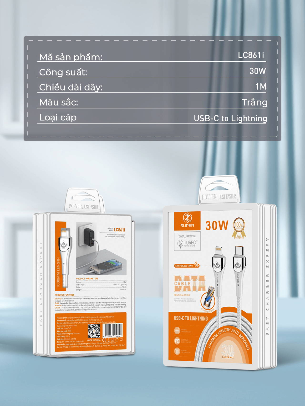 Cáp sạc nhanh SUPER LC861i Lightning (C-Lightning) PD 30W 1m