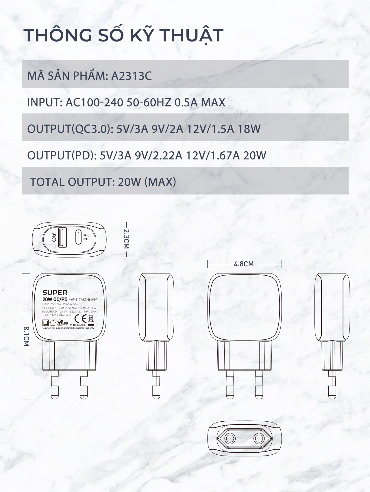 Bộ sạc nhanh SUPER A2313C 2 cổng PD+QC3.0 20W kèm cáp Type C-Type C 1m