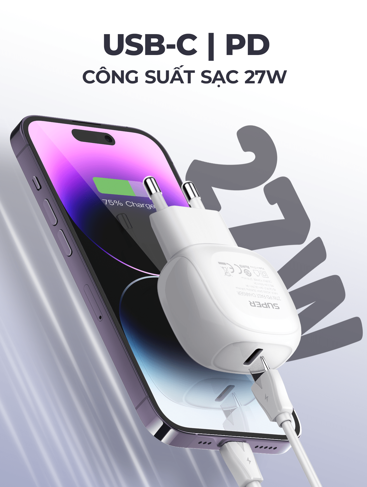 Bộ sạc nhanh SUPER A1206C PD27W kèm cáp Type C-Type C 1m
