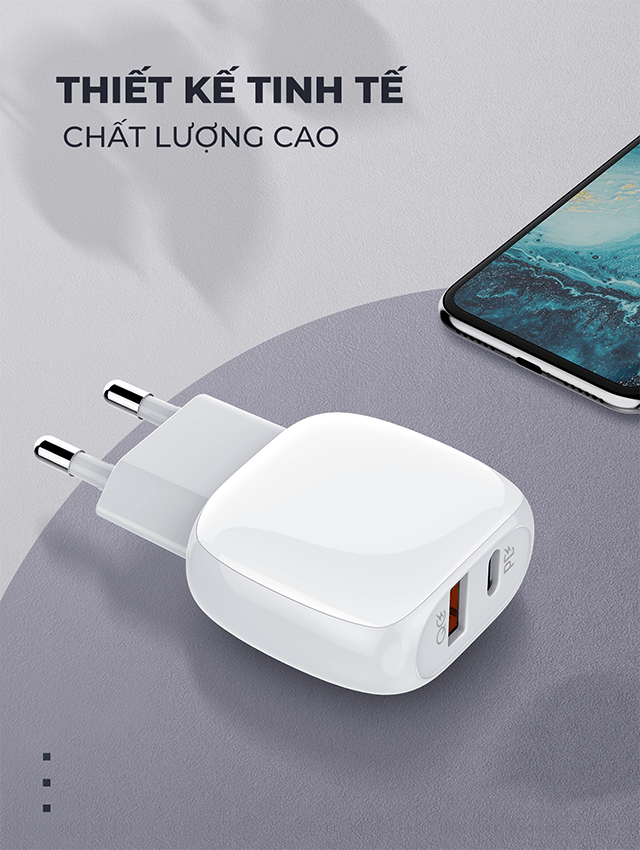 Bộ sạc nhanh SUPER A2313C 2 cổng PD+QC3.0 20W kèm cáp Type C-Type C 1m