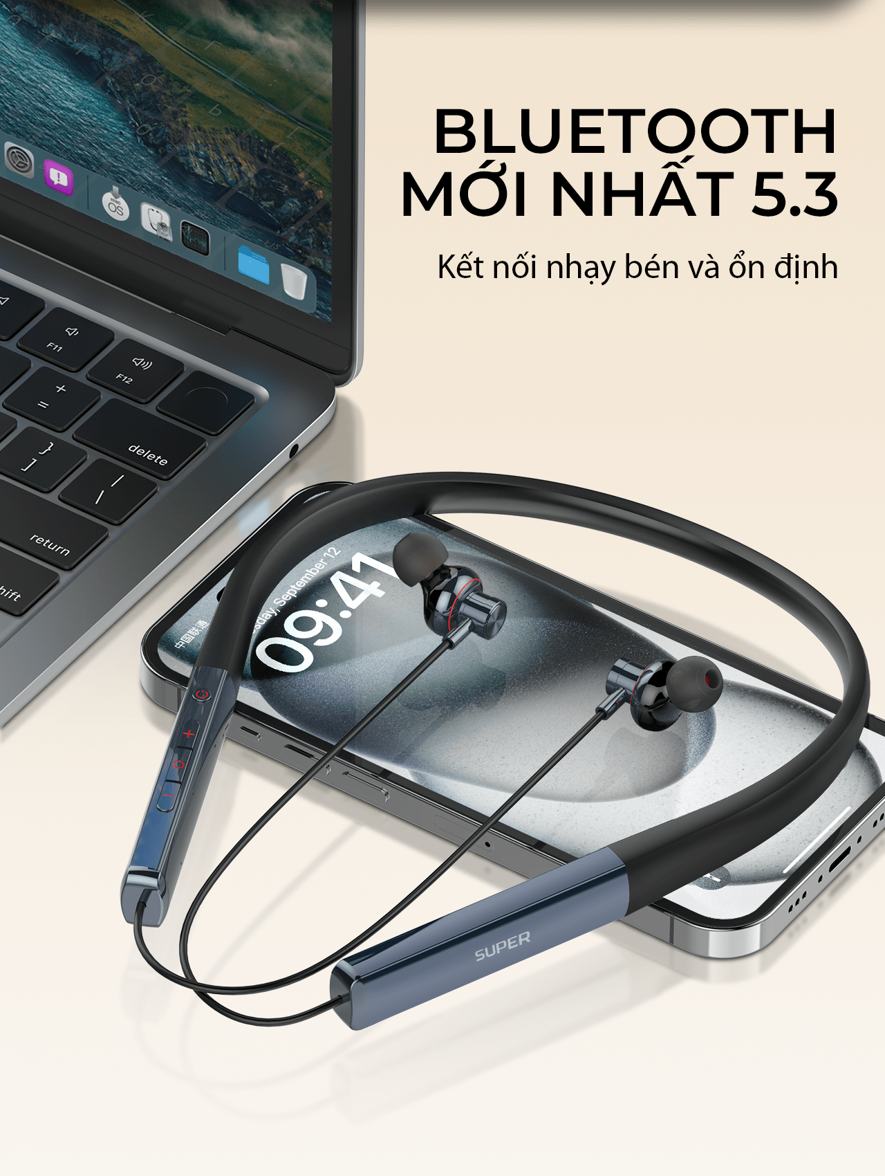 Tai nghe đeo cổ stereo không dây SUPER N01 Wireless, màu Xanh Đen