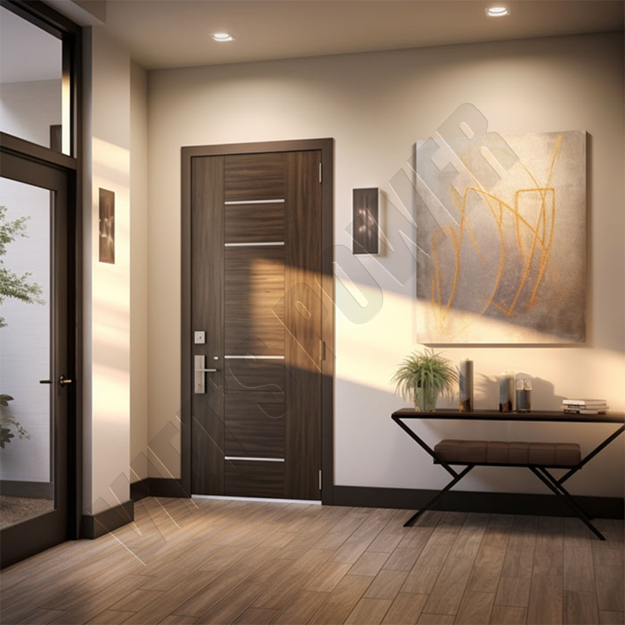 Cửa phẳng phủ Laminate đảo vân kết hợp nẹp nhôm trang trí