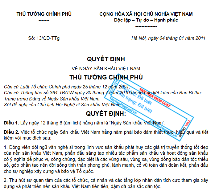 thu tuong chinh phu quyet dịnh ve ngay san khau viet nam