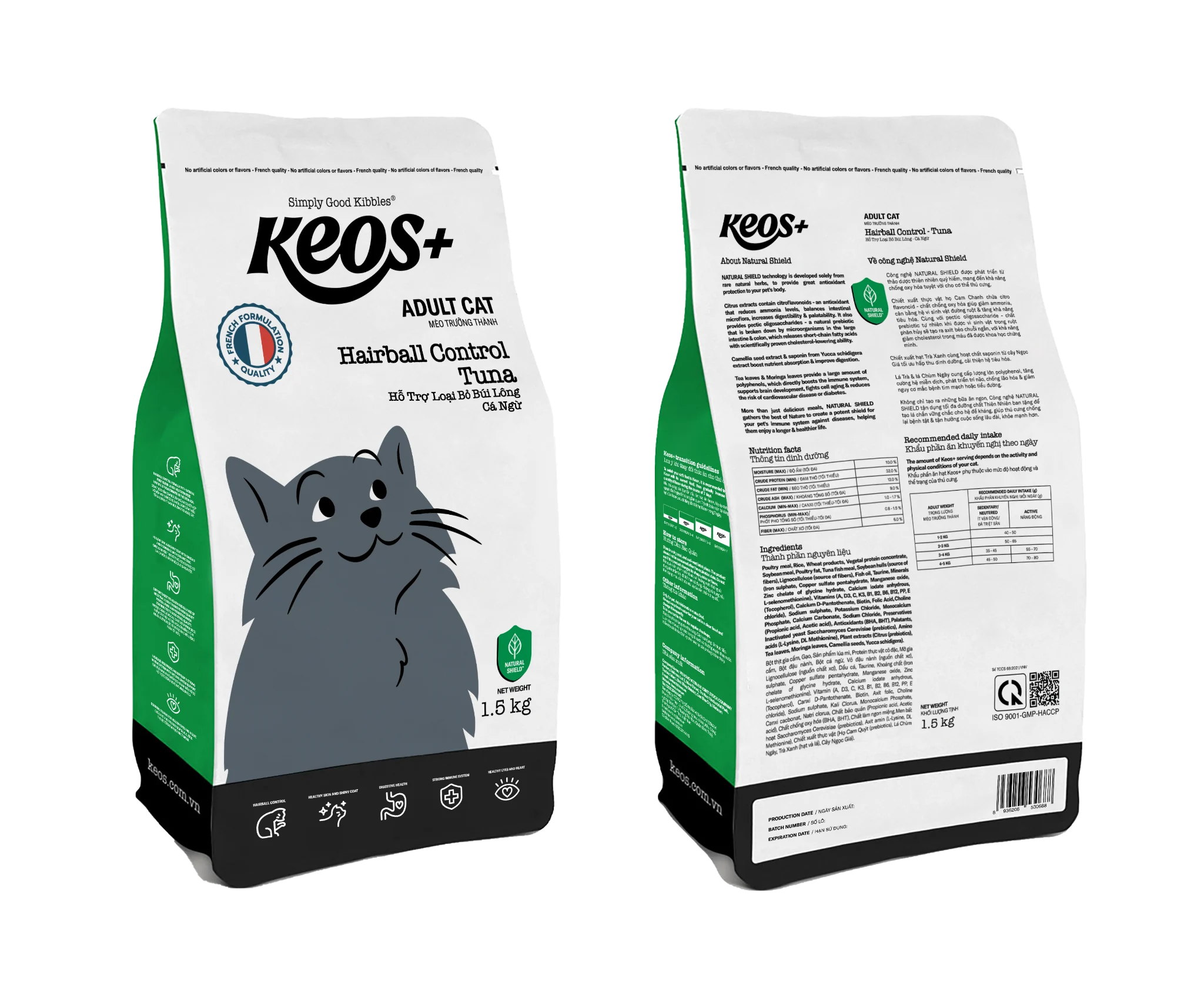 KEOS+ TAHH cho mèo trưởng thành với công thức hỗ trợ loại bỏ búi lông-Bag 7 kg