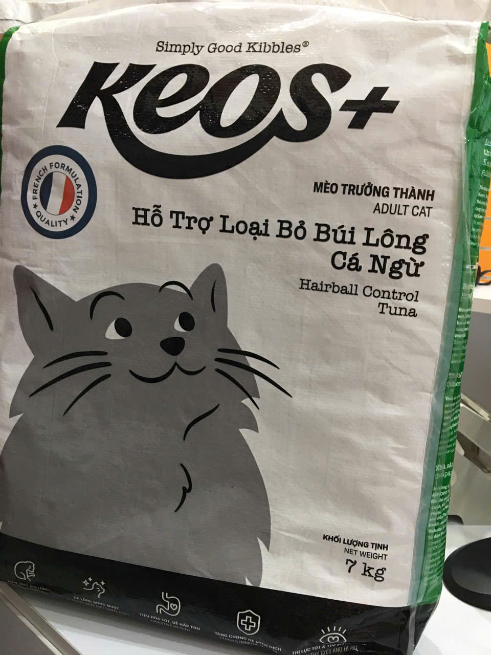 KEOS+ TAHH cho mèo trưởng thành với công thức hỗ trợ loại bỏ búi lông-Bag 7 kg