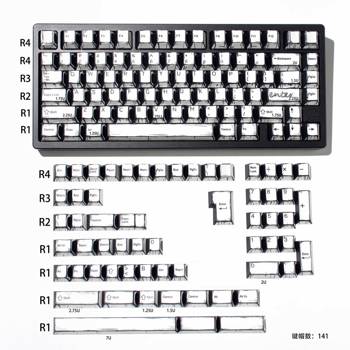 Keycap NDN Comic Style Monochrome PBT Dye-sub Cherry Profile