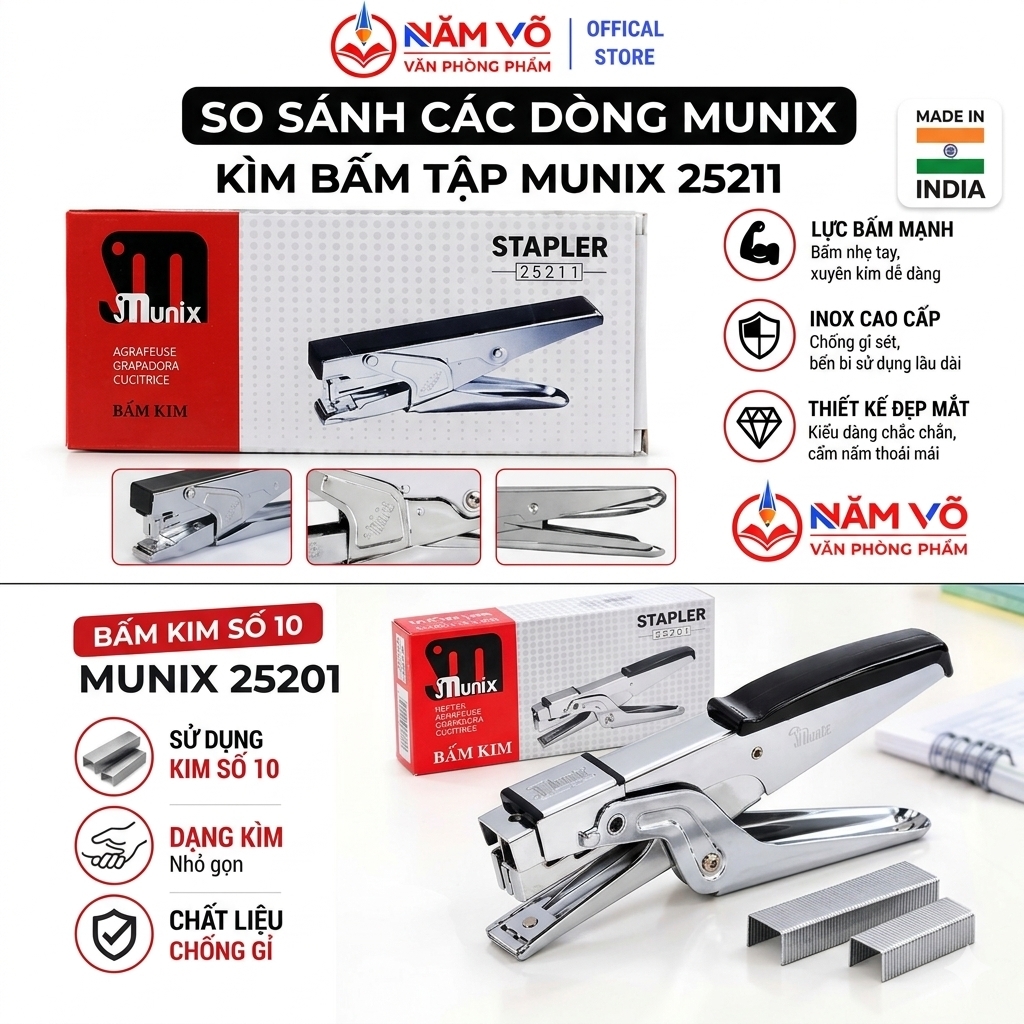 🎯 BỘ ĐÔI KÌM BẤM KIM MUNIX (ẤN ĐỘ): LỰC BẤM MẠNH MẼ – BỀN BỈ VƯỢT THỜI GIAN