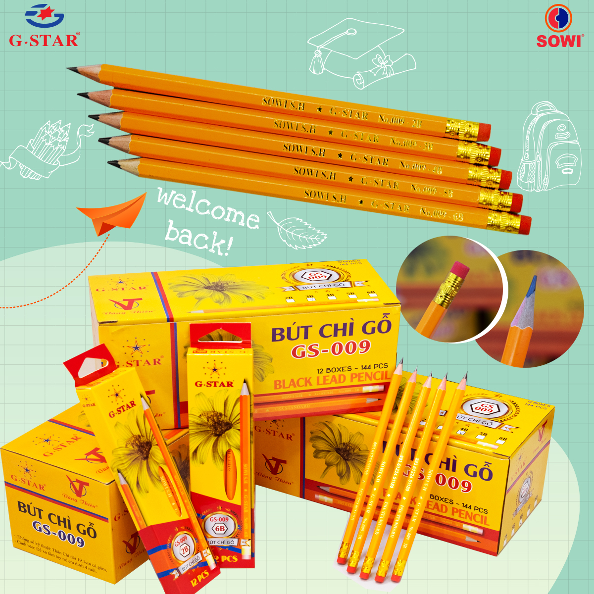 G-Star Bút Chì Gỗ GS009 2B; 3B; 4B; 5B; 6B (12 Cây/Hộp; 12 Hộp/ Lốc; 240 Hộp/ Thùng)