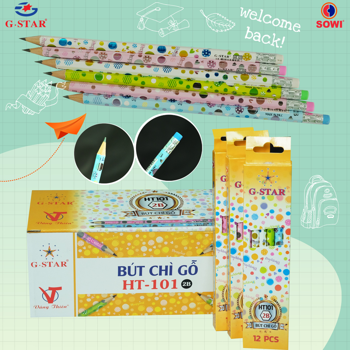 G-Star Bút Chì Đen Thân Gỗ 2B HT-101 (Không gôm) (12 Cây/ Hộp; 12 Hộp/ Lốc; 20 Lốc/ Thùng)