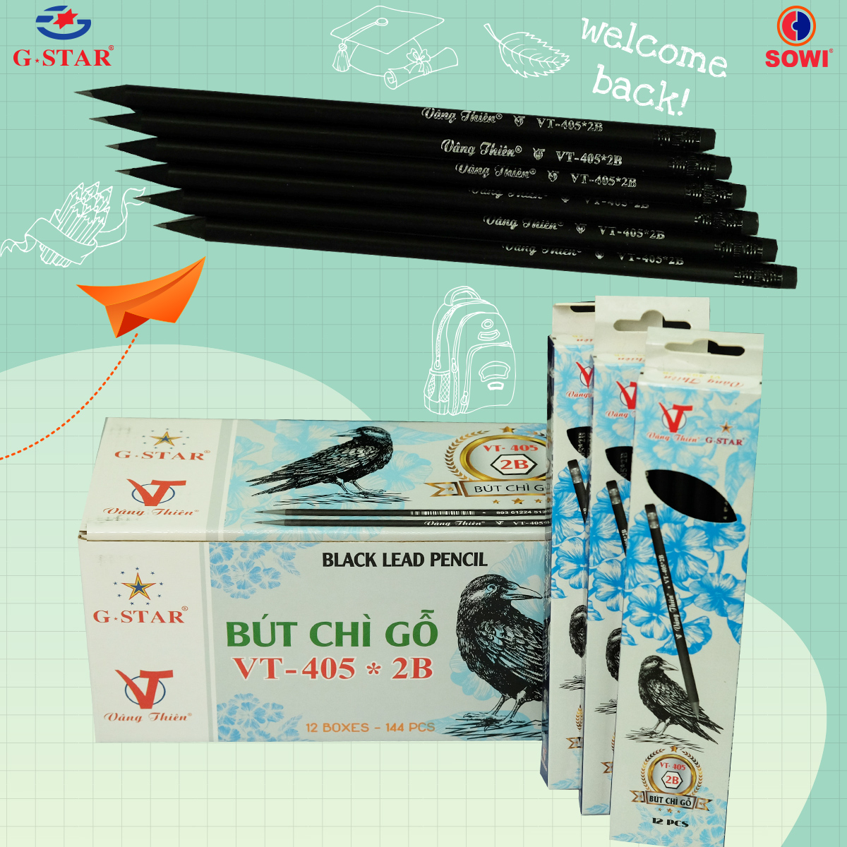 G-Star Bút Chì Màu Đen Thân Gỗ VT 405 2B (12 Cây/Hộp; 12 Hộp/ Lốc; 20 Lốc/ Thùng)