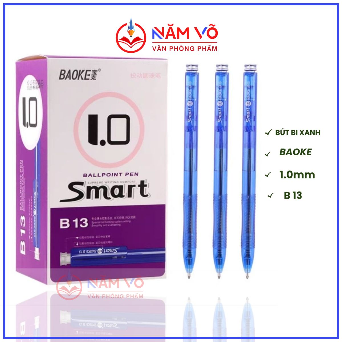 Bút Bi Xanh Baoke/ Aihao Smart B13 (48 Cây/ Hộp; 60 Hộp/ Thùng)