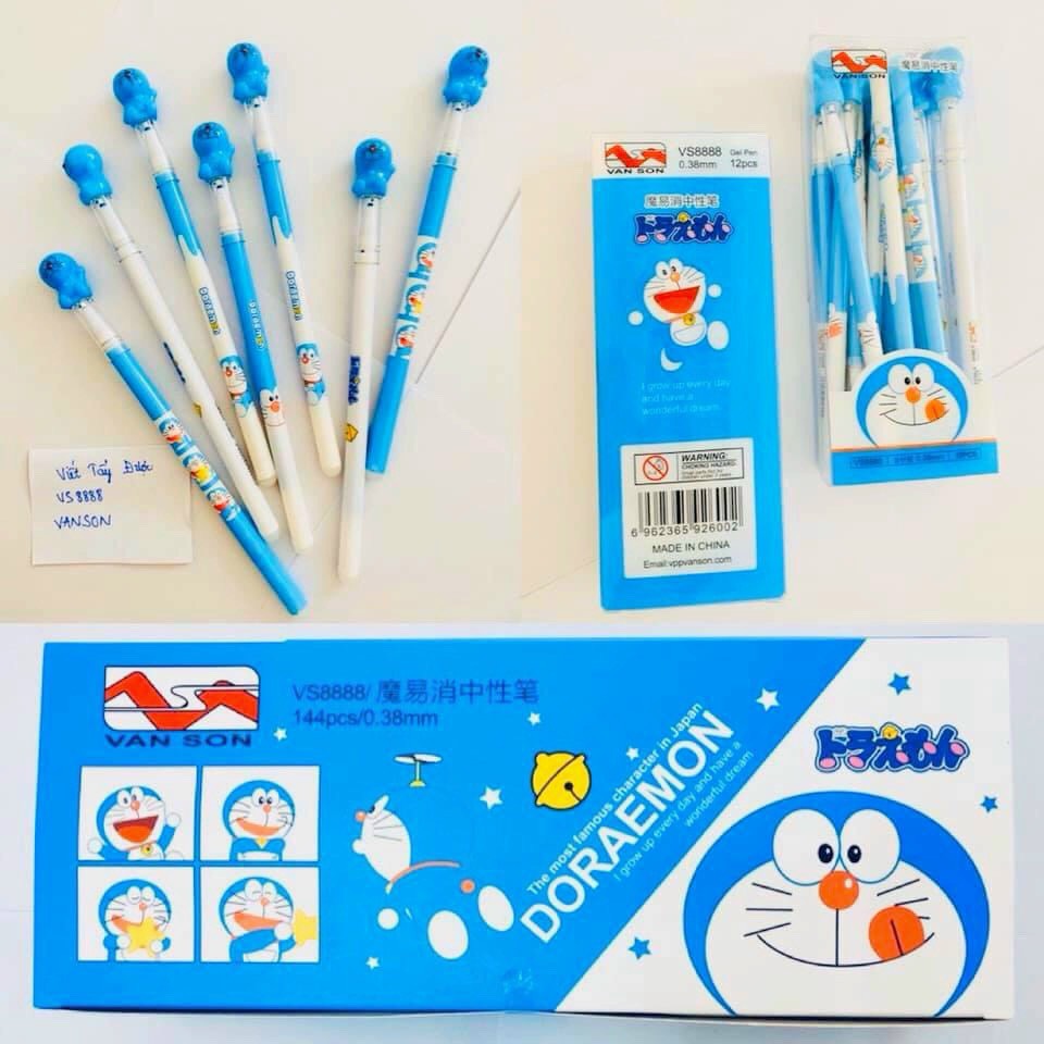 Bút Gel Nắp Xóa Được Đầu Bút Hình Đoreamon VS8888 (Xanh, Tím) (12 Hộp/ Lốc; 16 Lốc/ Thùng)