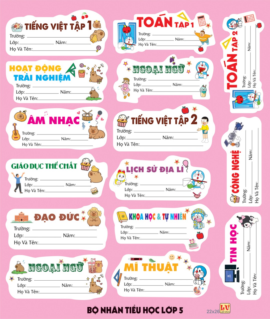 Bộ Nhãn Môn Học Lớp 1, 2, 6, 7, 8, 9 (5 Tờ/ Xấp; 10 Xấp/ Bịch)