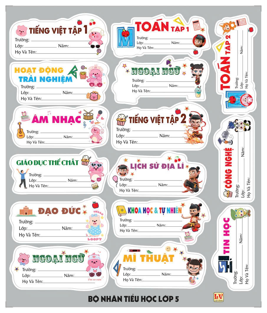Bộ Nhãn Môn Học Lớp 3, 4, 5, 10, 11, 12 (5 Tờ/ Xấp; 10 Xấp/ Bịch)
