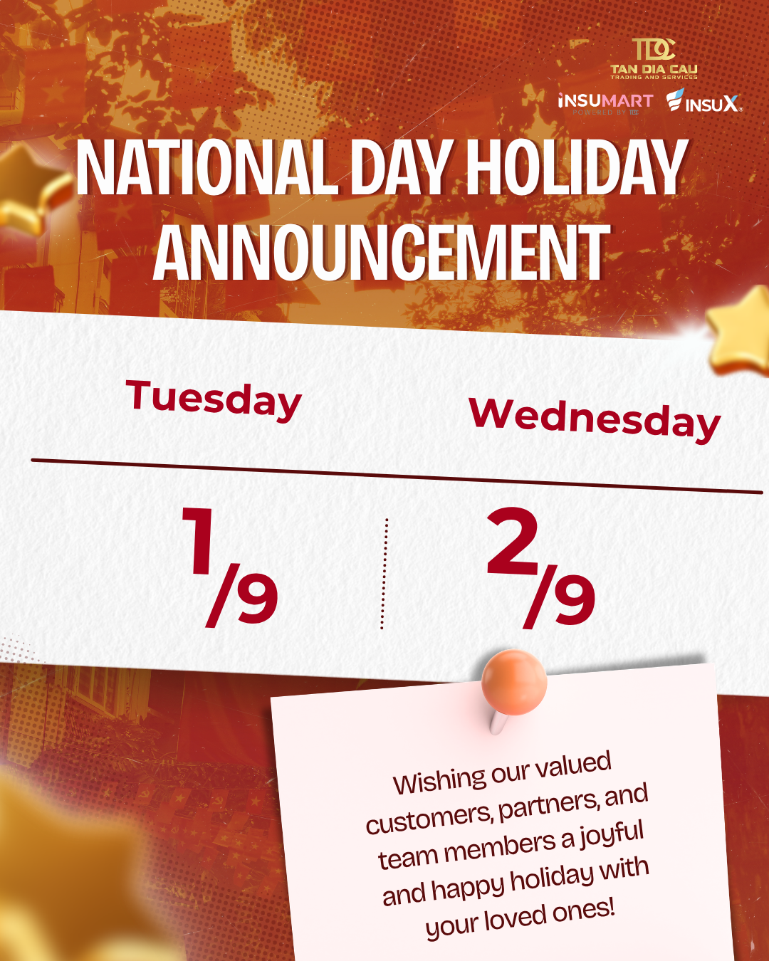 THÔNG BÁO NGHỈ LỄ QUỐC KHÁNH 2/9 | NATIONAL DAY HOLIDAY ANNOUNCEMENT