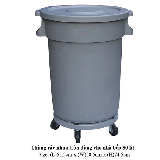 Thùng rác bếp công nghiệp 80L nhựa tròn có bánh xe nắp đậy