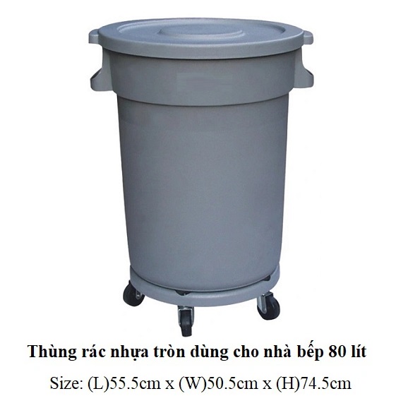 Thùng rác bếp nhà hàng 80L tròn có bánh xe