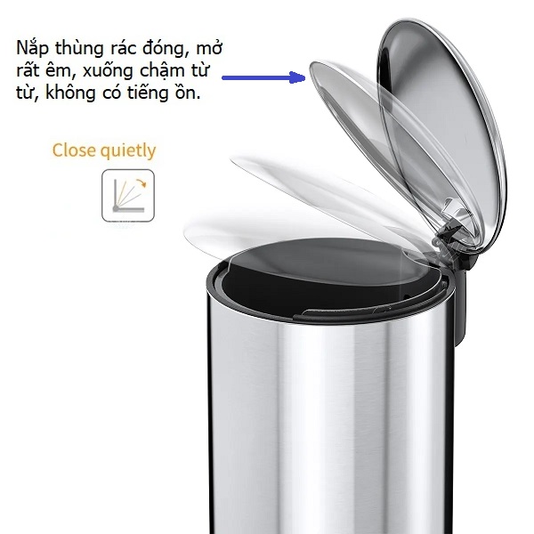 Thùng rác inox 5 lít tròn đạp chân phủ Nano cao cấp, chống bám vân tay