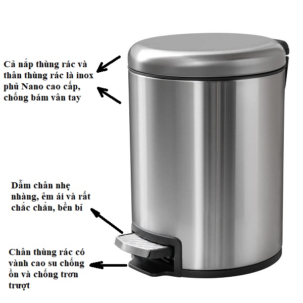Thùng rác inox 5 lít tròn đạp chân phủ Nano cao cấp, chống bám vân tay