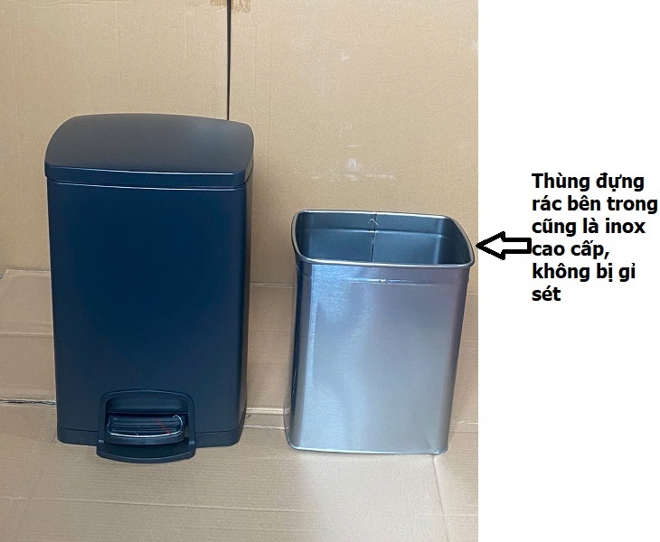 Thùng rác inox màu đen đạp chân vuông phủ Nano Cao Cấp 20L