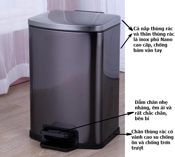 Thùng rác inox màu đen đạp chân vuông phủ Nano Cao Cấp 20L