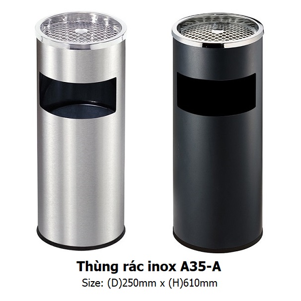 Thùng rác inox tròn có gạt tàn thuốc A35-A