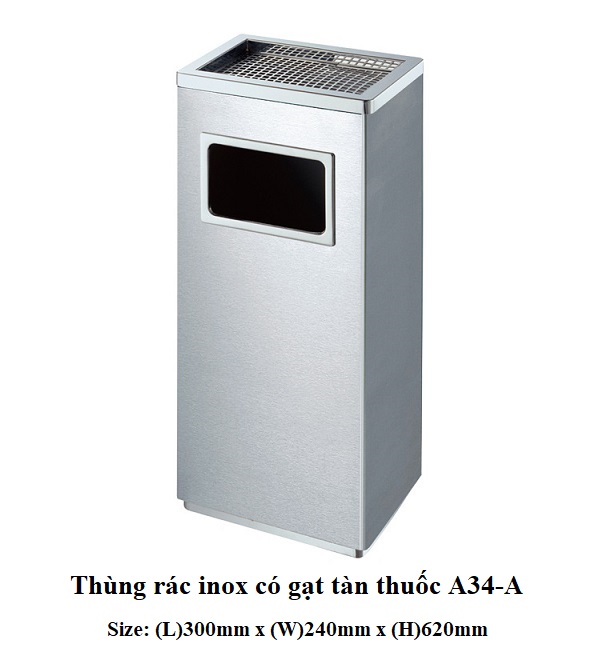 Thùng rác inox vuông có gạt tàn thuốc lá A34-A