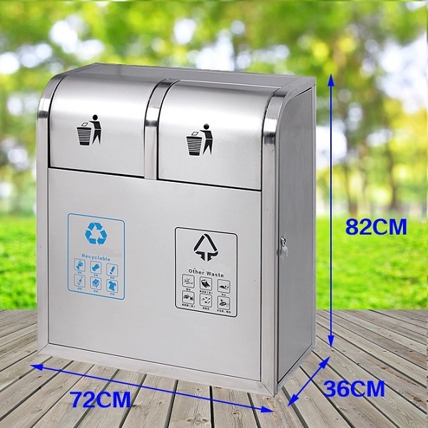 Thùng rác ngoài trời inox 2 ngăn nắp lật bập bênh