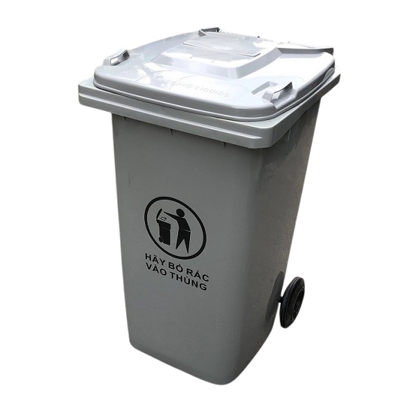 Thùng rác nhựa 240L màu ghi xám có bánh xe và nắp đậy