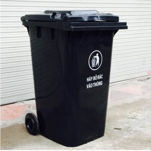 Thùng rác y tế 120L màu đen có bánh xe và nắp đậy