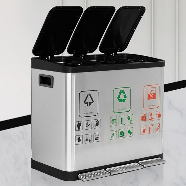 Thùng rác 3 ngăn inox 45 lít phân loại rác