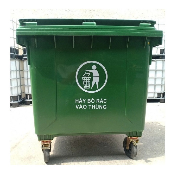 Thùng rác to đại, màu xanh có bánh xe 1100L