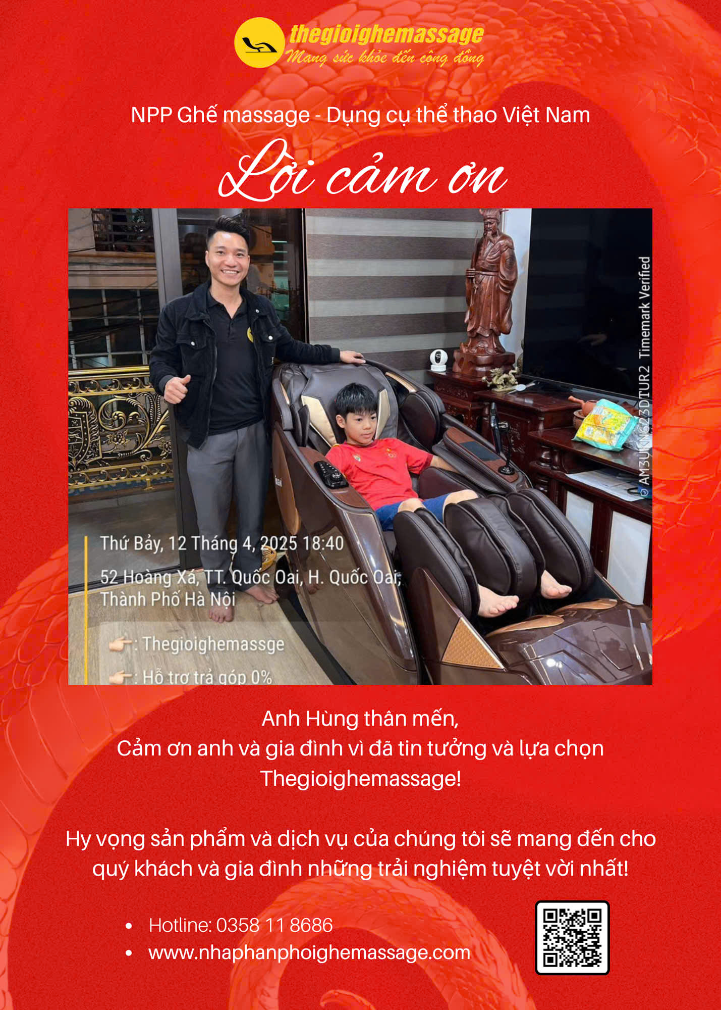 Xin cảm ơn anh Hùng đã tin dùng sản phẩm của Thegioighemassage