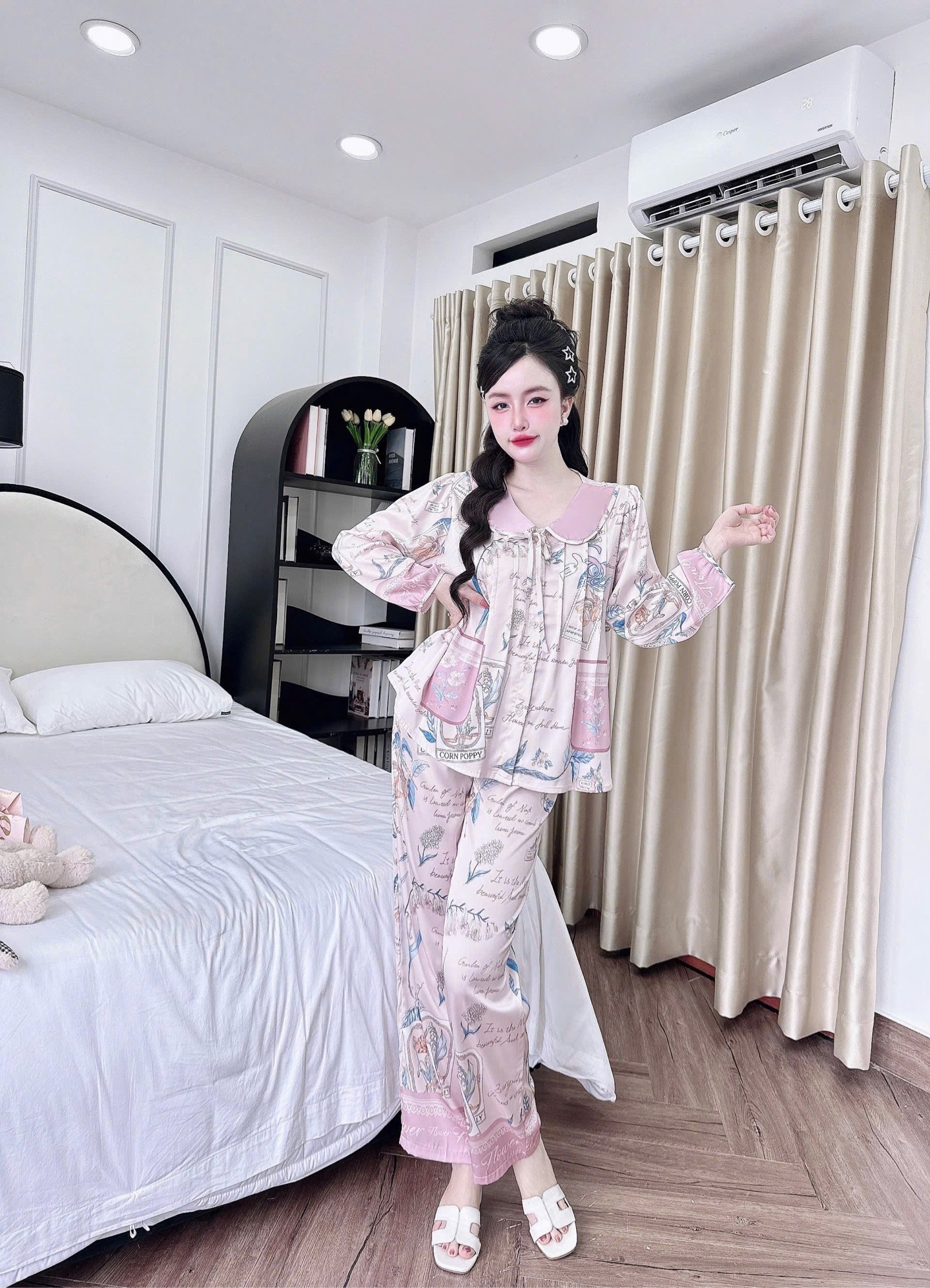 Bộ lụa latin tay dài cổ lá sen tiểu thư