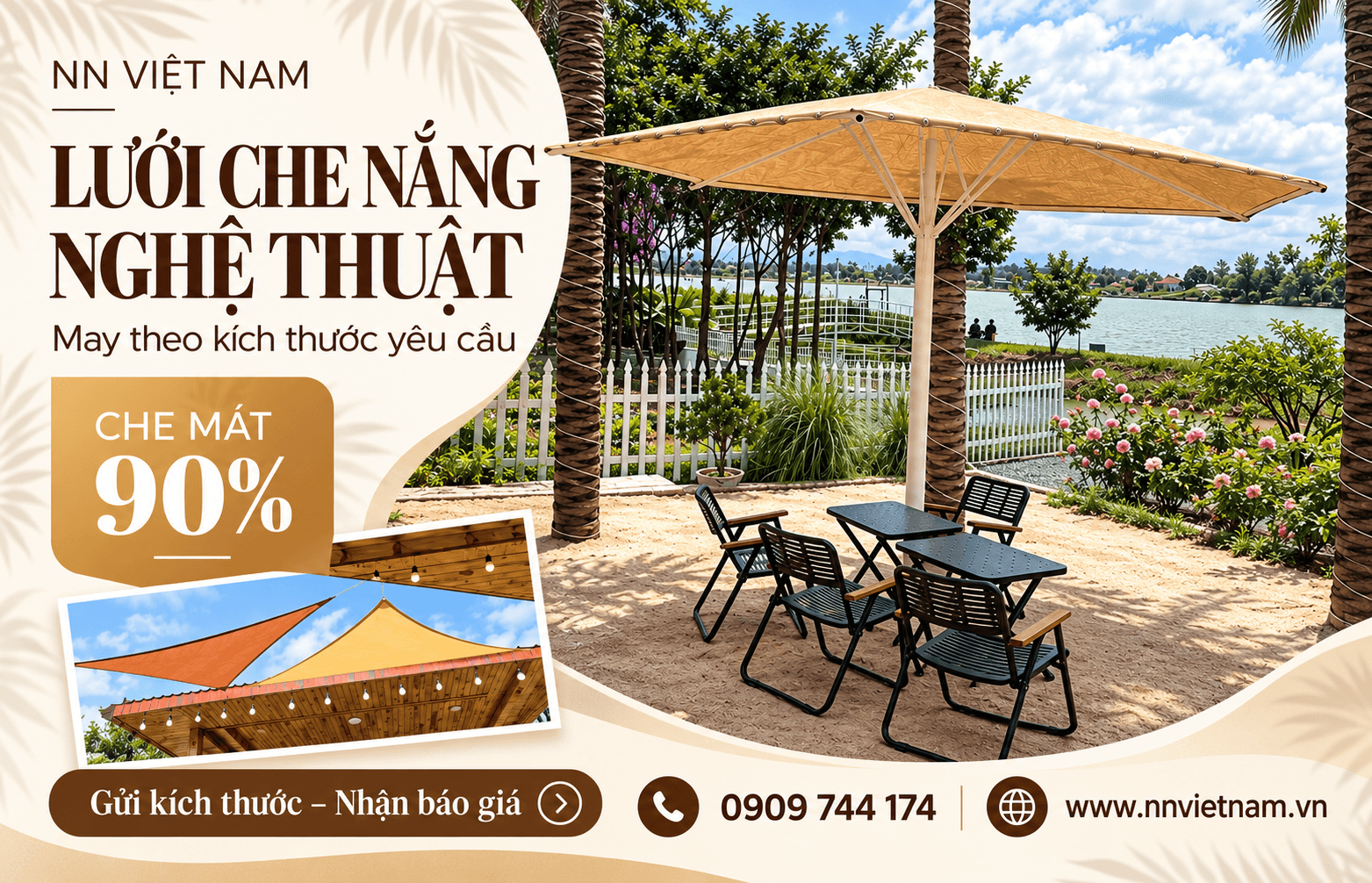 Lưới che nắng quán cà phê ngoài trời tạo bóng mát cho khu bàn ghế