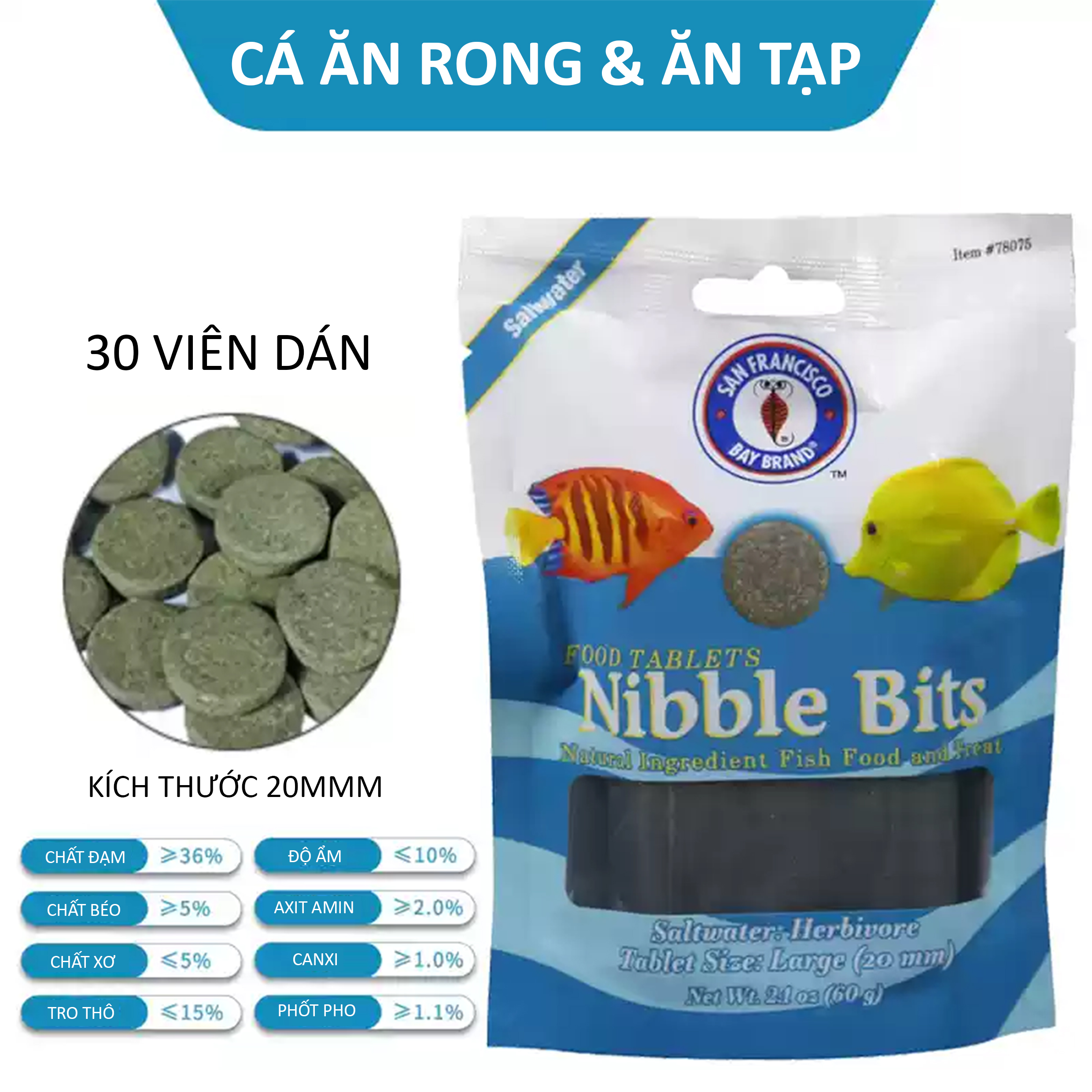 Thức Ăn Viên Dán Nibble Bits Herbivore – SFBB (USA) | Dành Cho Cá Biển Ăn Rong và Ăn Tạp