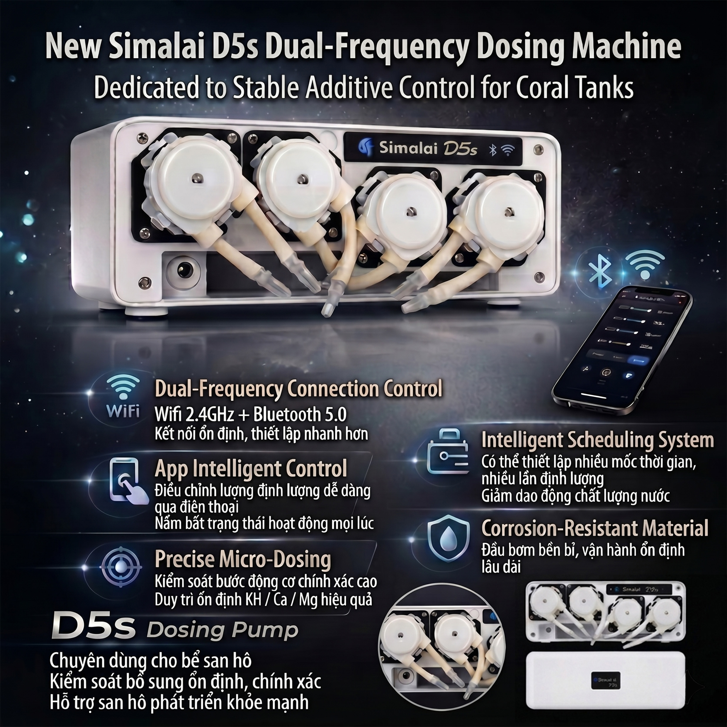 SIMALAI D5s – Bơm Định Lượng Thông Minh WiFi Dual-Band & Bluetooth 5.0 Cho Bể Cá Biển, San Hô SPS/LPS & Hồ Thủy Sinh