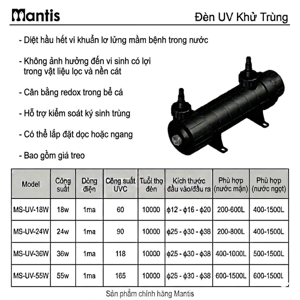Mantis UV Light Steriliser – Đèn UV Diệt Khuẩn Hồ Cá (18W–55W)